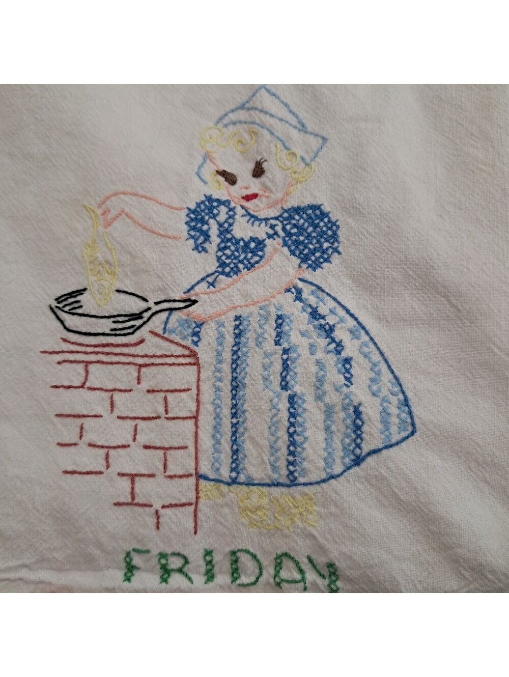 Vintage Day of the Week towel Friday Dutch girl cooking Embroidered Tea flour